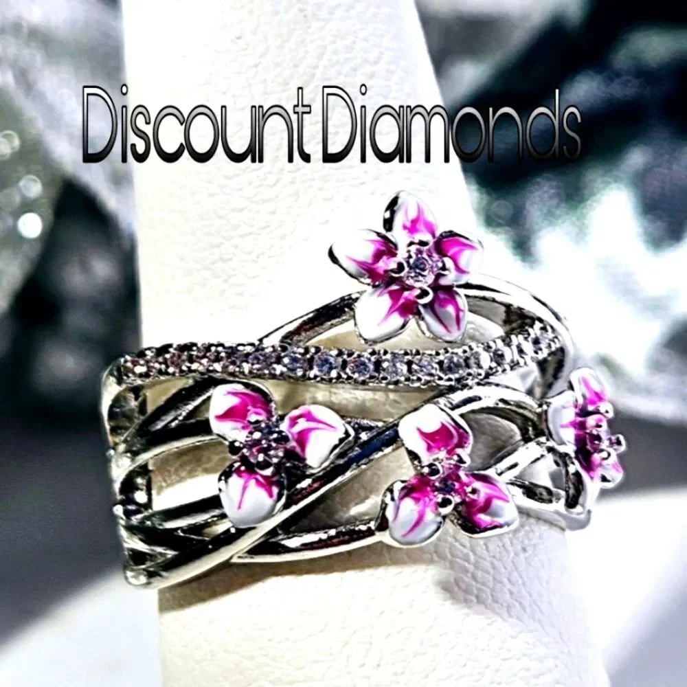 Pink Flower Clear White Diamond Ring on 925 Sterling Silver - Women's